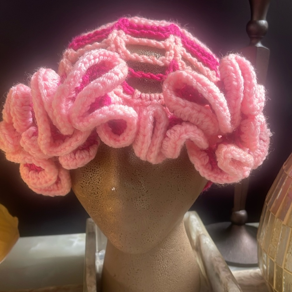 Pink Petal Crochet Beanie with Petal Flare Brim | One Size Fits All